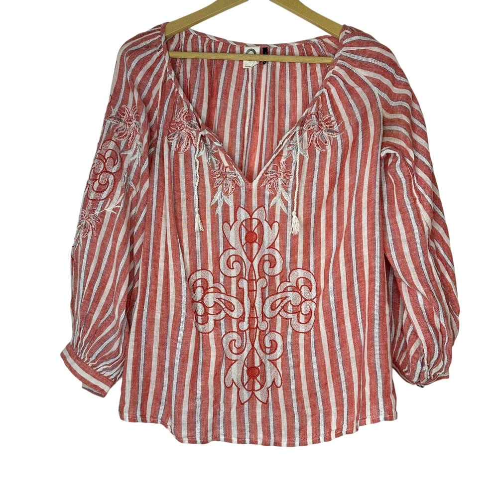 Akemi + Kin Anthropologie Embroidered Blouse Womens Small Red Linen‎ blend